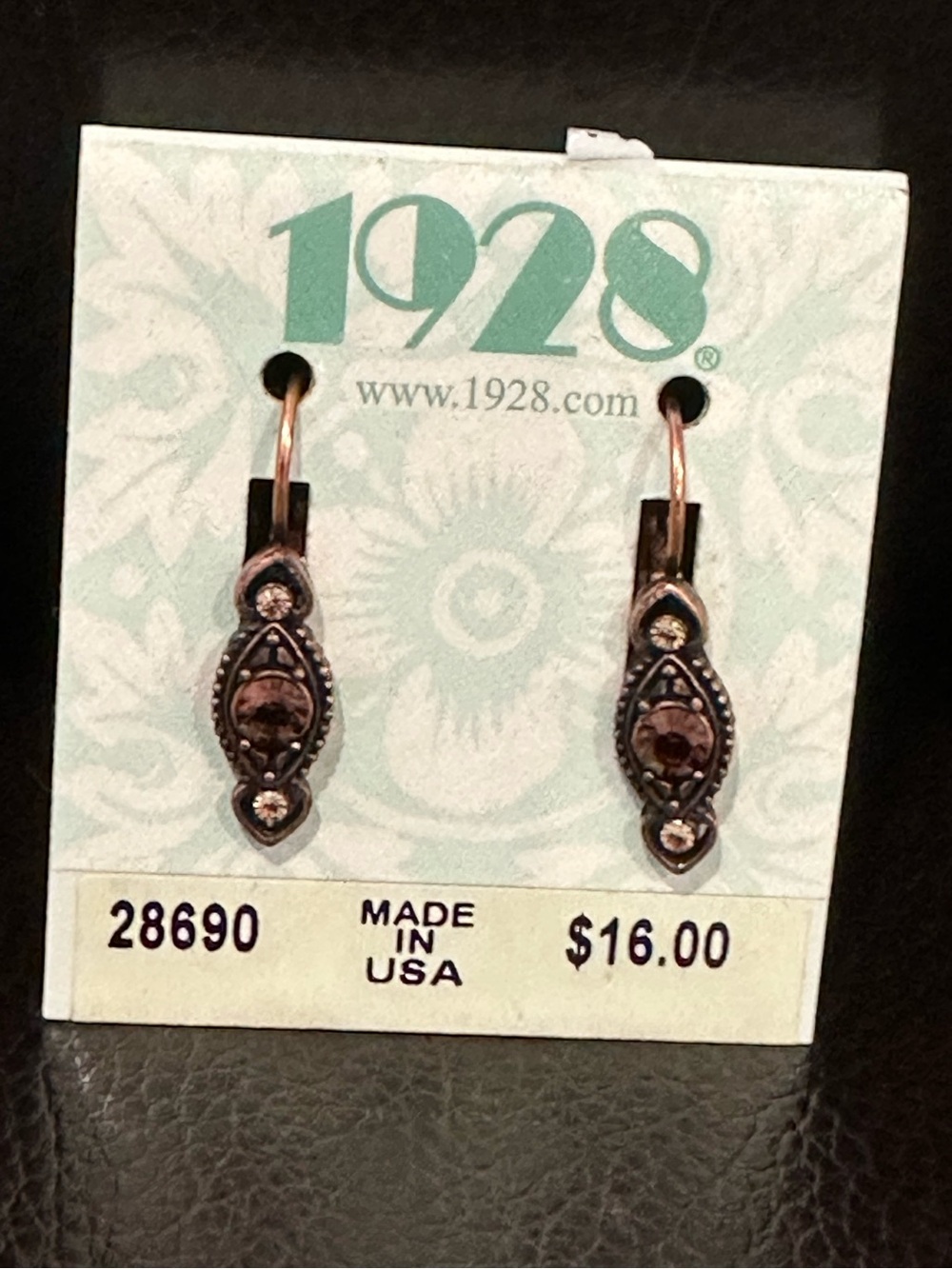 Vintage 1928 Jewelry Copper Amber Crystal Drop Leverback Earrings NWT 28690